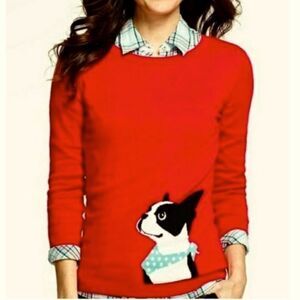 Talbots French Bulldog Graphic Red Fine Knit Crewneck  Pullover Sweater